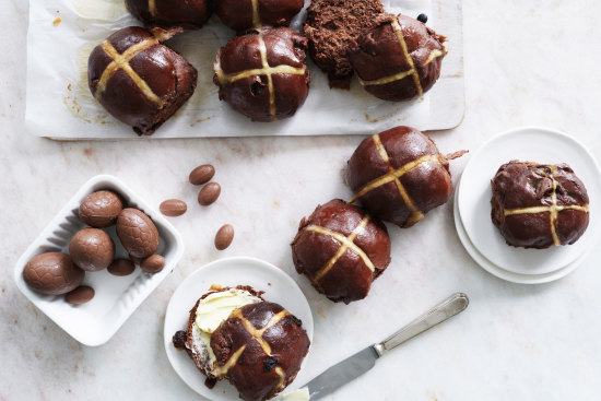 Chocolate hot cross buns with sugar glaze. Styling by Hannah Meppem.