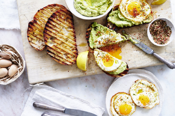 Cafe eggs with avocado toast. Styling by Hannah Meppem.