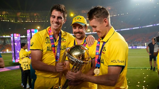 Australia’s World Cup match-winners Pat Cummins, Travis Head and Marnus Labuschagne.