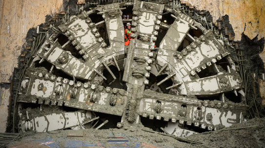 Tunnel boring machines, like this one in England, would be used to dig twin, two-lane motorways under Brisbane’s northern suburbs. 