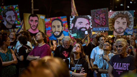 Relatives and supporters of the Gaza hostages hold a rally demanding their release in Tel Aviv last week.