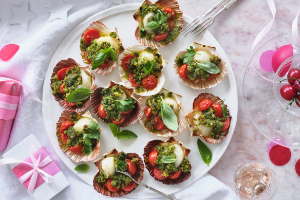 Scallops baked in the half-shell with a suitably festive topping.