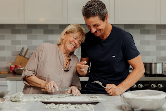 Giovanni Pilu with his mother, Maria, making spinach and ricotta gnocchetti with tomato sauce at their home.