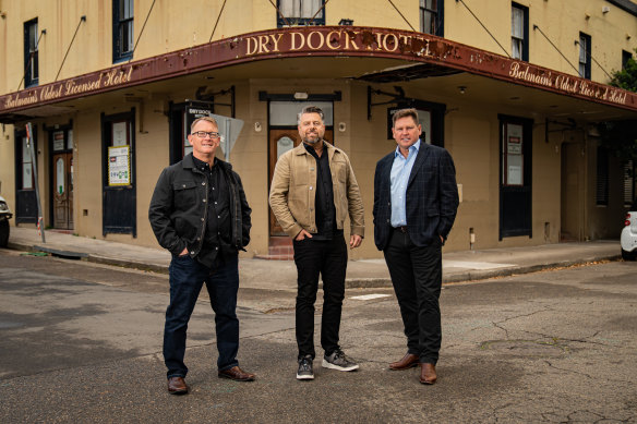 Chef Ben Sitton and James Ingram and Mike Everett of Peninsula Hospitality outside the Dry Dock Hotel.