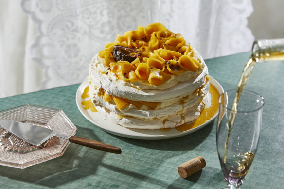 Emelia Jackon’s pavlova stack with whipped cream, passionfruit and mango.