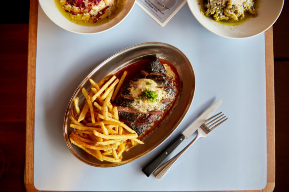 Steak frites with smoked anchovy butter at Bar Superette.
