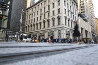 The pedestrianised section of the light rail line along George Street in Sydney's CBD.