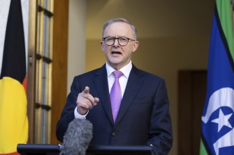 Prime Minister Anthony Albanese during a press co<em></em>nference at Parliament House in Canberra