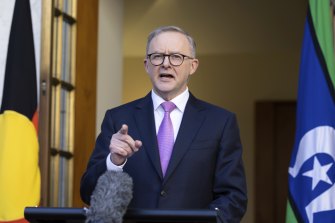 Prime Minister Anthony Albanese during a press conference at Parliament House in Canberra