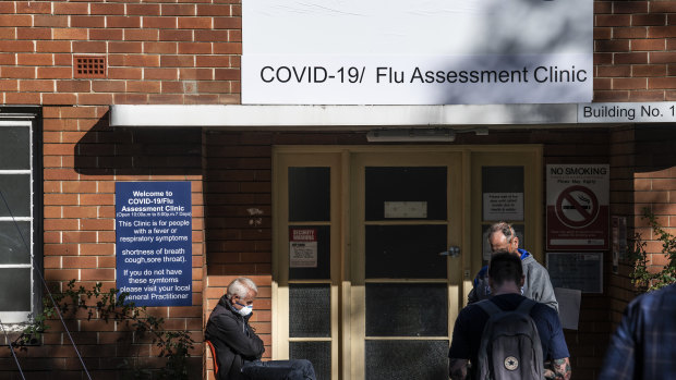 People outside a coronavirus testing clinic at the Prince of Wales Hospital in Randwick, NSW.