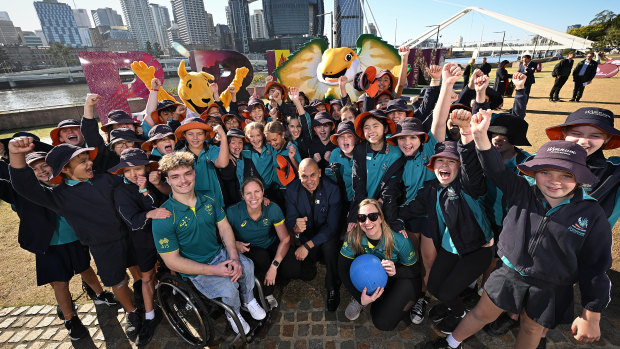 Wynnum State School pupils with Olympians and Paralympians Eithen Leard (wheelchair basketball), Emily Seebohm (swimming), Patrick Johnson (athletics) and Raissa Martin (goalball) celebrate eight years to go until Brisbane 2032 at South Bank.
