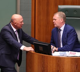 Defence Minister and Leader of the House Peter Dutton talks to Speaker Tony Smith during Question Time in May.