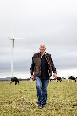 Kolora dairy farmer Bernie Conheady is hosting four turbines from the Mortlake South Wind Farm on his property.