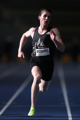 Rohan Browning in the men’s 100 final in Sydney in April.