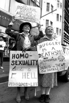 Christians opposed to the Gay rights bill being passed through State Parliament protest outside Parliament House in Sydney on 15 May 1984.