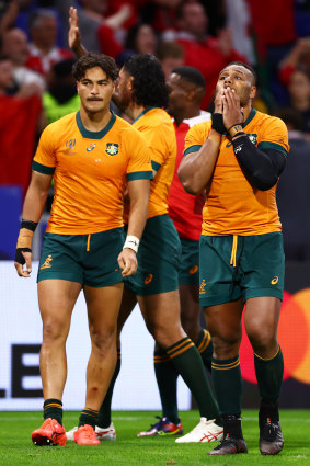 Jordan Petaia and Samu Kerevi after the full-time whistle in Lyon.