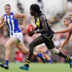 Akec Makur Chuot on the ground during in February between the Richmond Tigers and the North Melbourne Kangaroos.