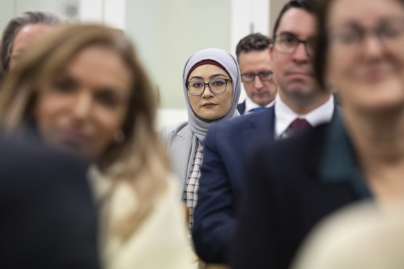 Senator Fatima Payman as Prime Minister Anthony Albanese addresses a Labor caucus meeting in Canberra on Tuesday.