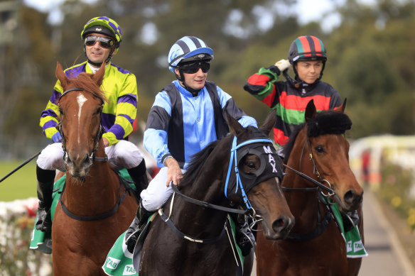 Tipping Point (left) goes head to head with Don’tforgetmonica (centre) again at Randwick on Saturday.