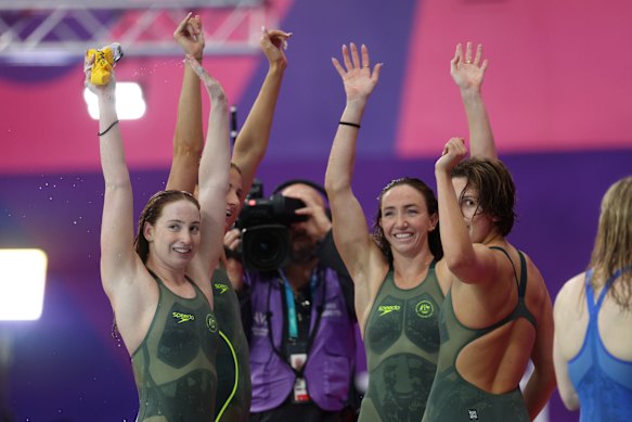 Lani Pallister, Hannah Casey, Inez Miller and Mollie O’Callaghan after Australia’s 4x200m freestyle victory on Monday in Glasgow. 
