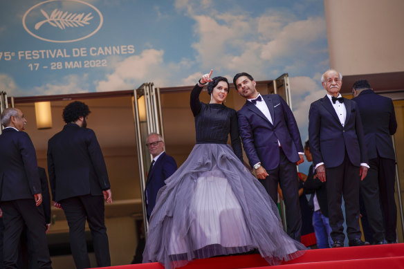 Taraneh Alidoosti (centre), with Payman Maadi and Saeed Poursamimi, arrive at the premiere of the film ‘Leila’s Brothers’ at the 75th international film festival in Cannes on May 25, 2022. 