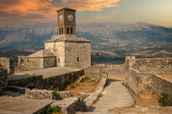 Gjirokaster Castle dominates the valley below.