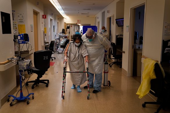 Doctors in Los Anngeles hospitals fear a post-Christmas wave of patients in overcrowded COVID-19 wards such as this one at at Providence Holy Cross Medical Centre. 