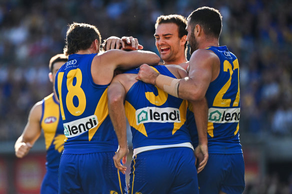 Andrew Gaff of the Eagles and Jack Petruccelle celebrates a goal.