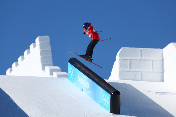 Ailing Eileen Gu of Team China performs a trick during the Women’s Freestyle Skiing Freeski Slopestyle qualifications.