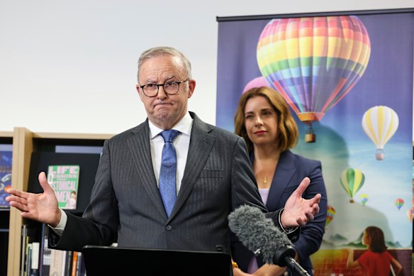 Prime Minister Anthony Albanese and minister Anika Wells last month.