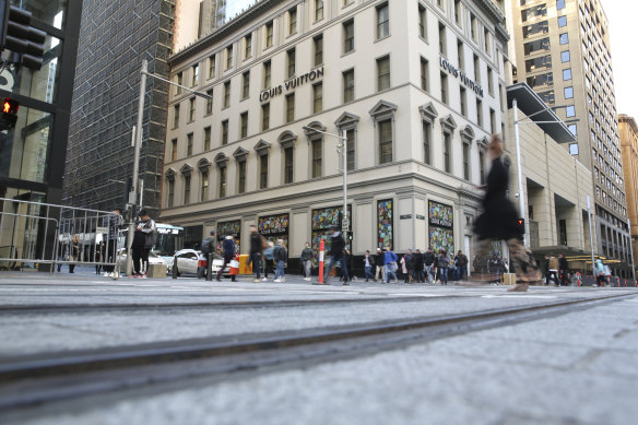 The pedestrianised section of the light rail line along George Street in Sydney's CBD.