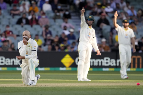 Nathan Lyon celebrates the wicket of England’s Stuart Broad, which DRS then overturned on day five of the second Ashes Test. 