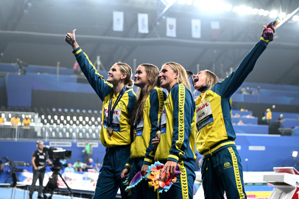 Australia's gold-medal 4x100m medley relay team of Iona Anderson, Abbey Harkin, Brianna Throssell and Shayna Jack at the world championships in February in Doha, Qatar.