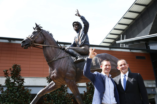 Hugh Bowman and Chris Waller at the unveiling of the Winx statue at Rosehill.