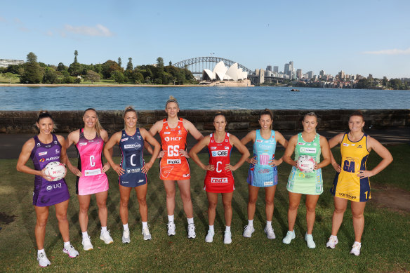 Netball captains Kim Ravaillion (Queensland Firebirds) Hannah Petty (Adelaide Thunderbirds), Kate Moloney (Melbourne Vixens), Jo Harten (Giants), Paige Hadley (NSW Swifts), Amy Parmenter (Melbourne Mavericks), Jess Anstiss (West Coast Fever) and Steph Fretwell (Sunshine Coast Lightning) launch the Super Netball Team Girls Cup in Sydney.