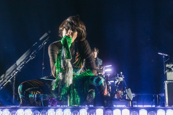 Karen O’s vocals can flip to a feathery caress: Yeah Yeah Yeahs, pictured here in Melbourne on July 20.