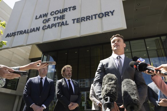 Wighton addresses the media after the case was dismissed.