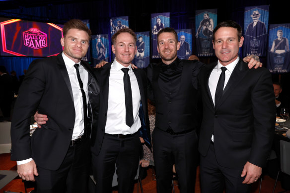 Dane Swan (second from right) with some of his closest premiership teammates – Heath Shaw, Ben Johnson and Alan Didak.