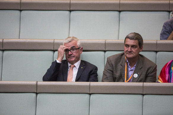 Gay rights campaigner Rodney Croome (right) in parliament in 2017 with MP Andrew Wilkie.