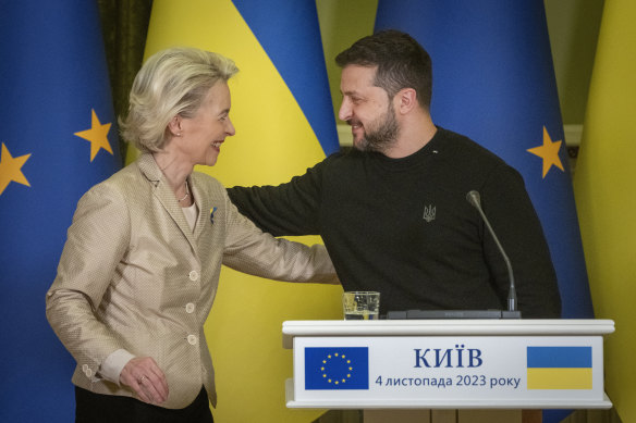 Ukrainian President Volodymyr Zelensky, right, and European Commission President Ursula von der Leyen attend a press conference in Kyiv, Ukraine. 