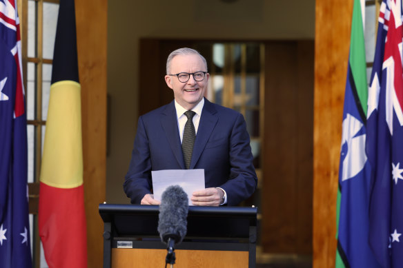Prime Minister Anthony Albanese at a press conference in Canberra on Tuesday after speaking with Trump.