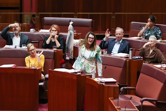 Senators react to Sarah Hanson-Young holding up a dead salmon in the chamber.