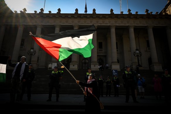 A pro-Palestine protester waves a flag outside Parliament House in the CBD. 