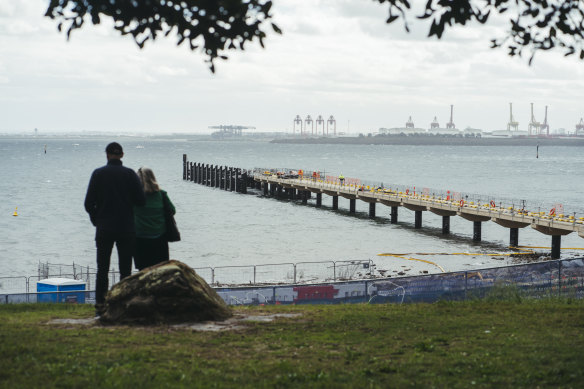 The new ferry wharf at Kurnell stretches out into Port Botany.