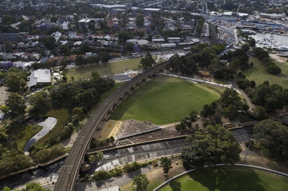 A view over the light rail track leading into Jubilee Park.