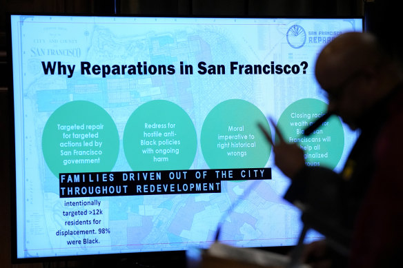 Eric McDonnell, chair of the African American Reparations Advisory Committee, speaks during a special Board of Supervisors hearing the reparations ideas.