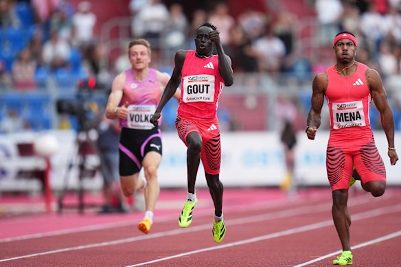 Australia’s Gout Gout runs to win the men 200 metres during the Ostrava Golden Spike athletics meet.