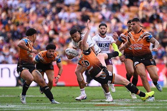 Haumole Olakau’atu was at his destructive best in Manly’s big win over Wests Tigers at Magic Round.