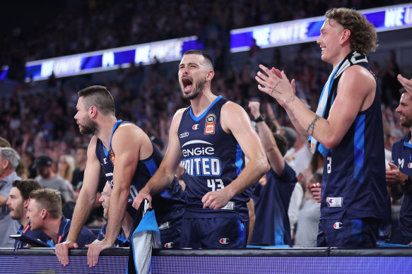 United’s Chris Goulding (centre), Matthew Dellavedova (left) and Luke Travers during Sunday’s clash with the Jackjumpers at John Cain Arena.