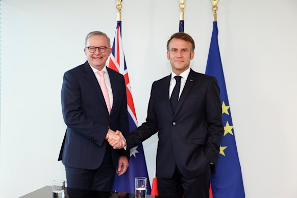 Prime Minister Anthony Albanese with  French President Emmanuel Macron at the United Nations last week.